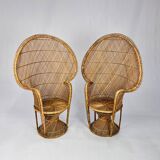 Set of 2 Vintage Rattan and Wicker Peacock Chairs, 1970s