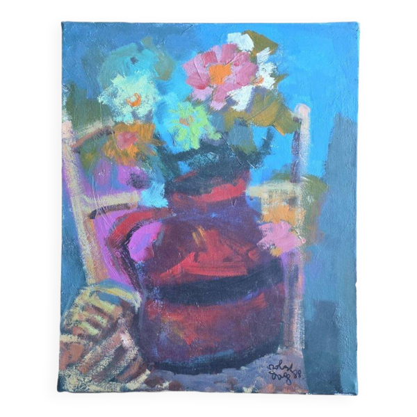 Huile sur toile nature morte ''Pichet aux fleurs'', Robert Dago 1988