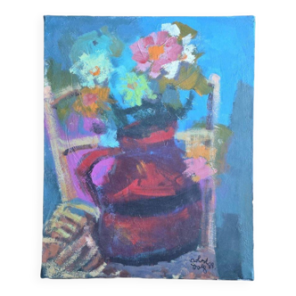 Robert Dago Oil on Canvas Still Life Jug with Flowers 1988