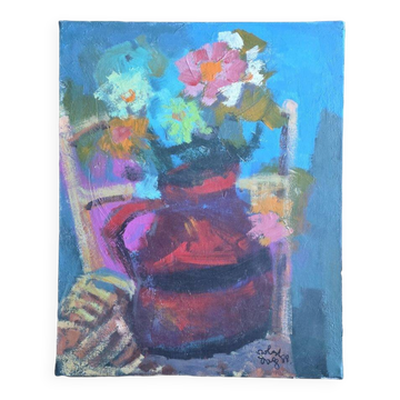 Robert Dago Oil on Canvas Still Life Jug with Flowers 1988