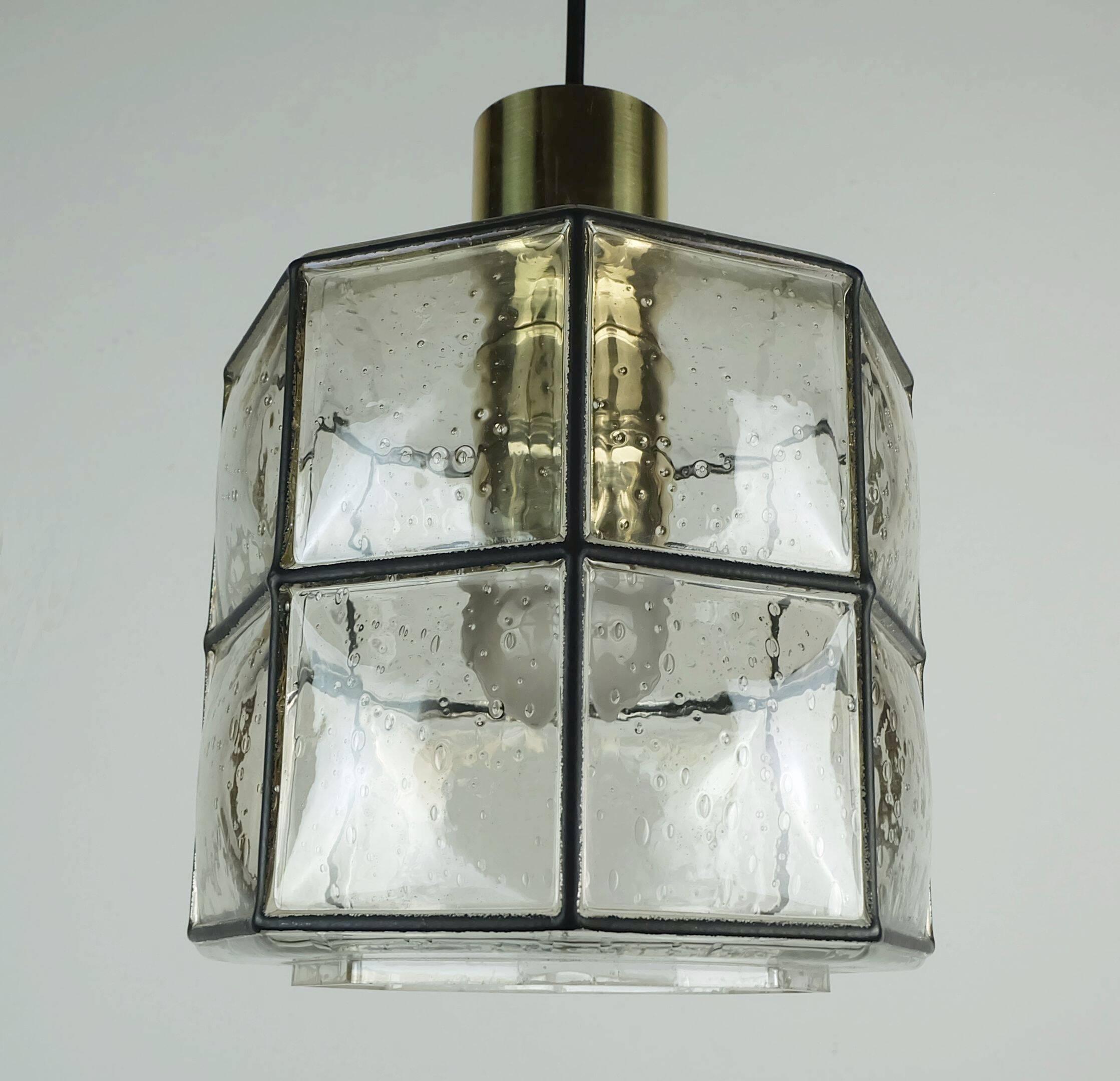 1960s 70s glashuette limburg PENDANT LAMP clear glass shade and brass