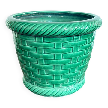 Cache pot jardinière poet Laval wicker green glazed ceramic rattan.
