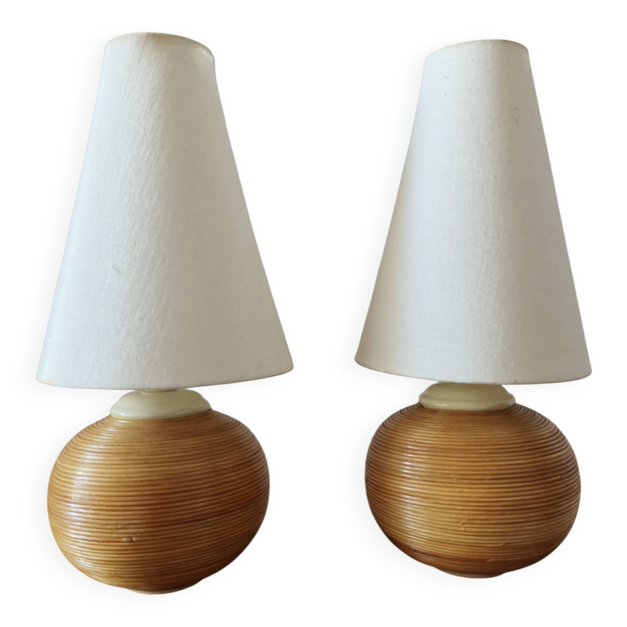 Pair of vintage lamps in rattan and ceramic