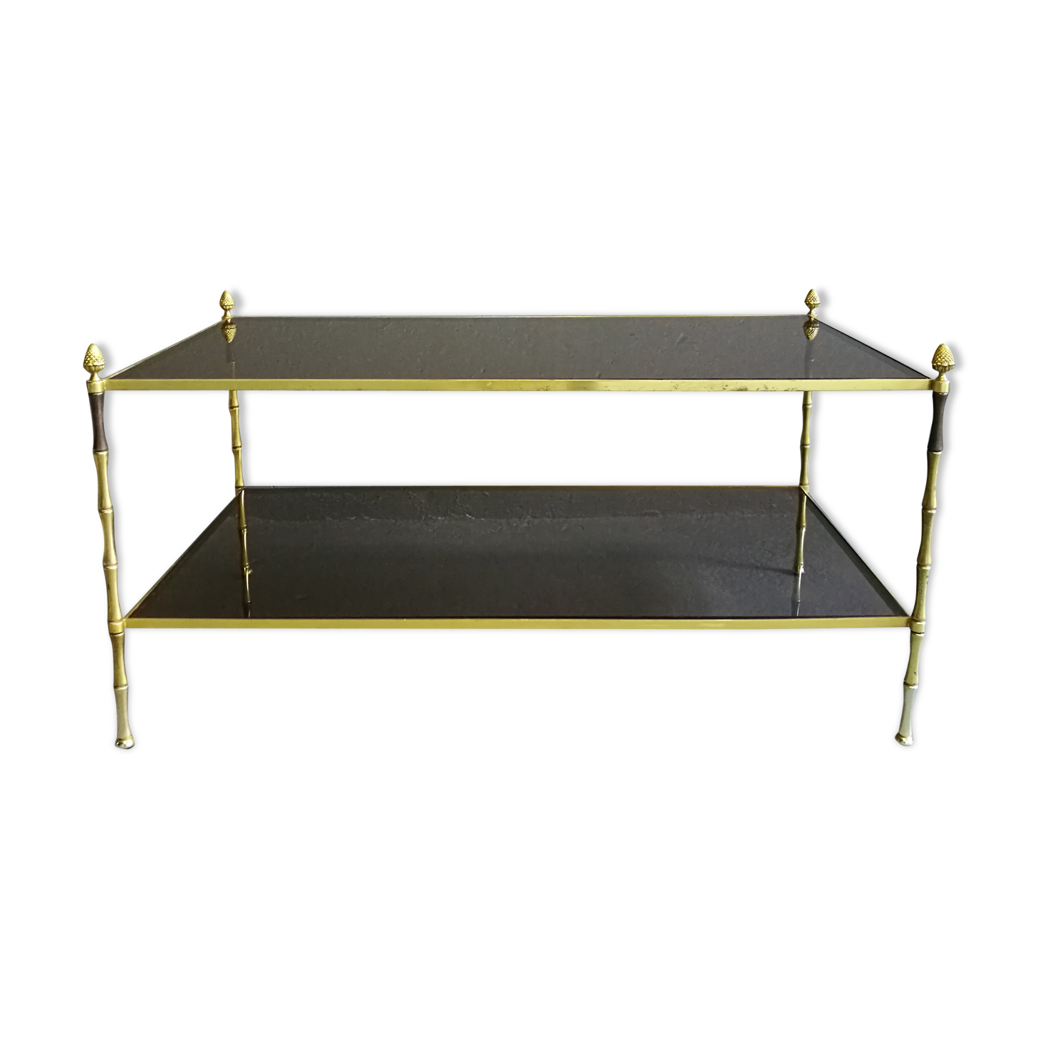 Smoked low years 70 brass and glass table