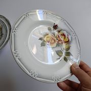 3 Digoin Sarreguemines Adèle plates in grey, yellow, and burgundy.