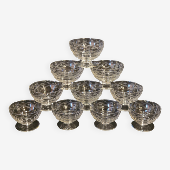 10 old champagne glasses in chiseled engraved crystal