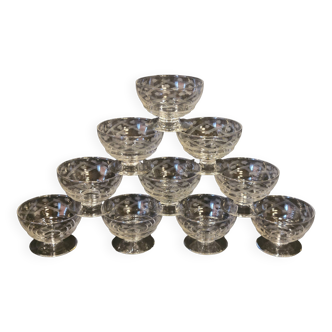 10 old champagne glasses in chiseled engraved crystal