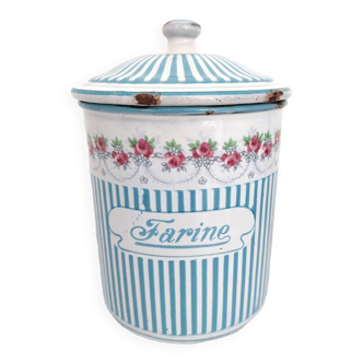 Spice pot in enamelled sheet metal: FARINE, blue model with stripes and a garland of roses