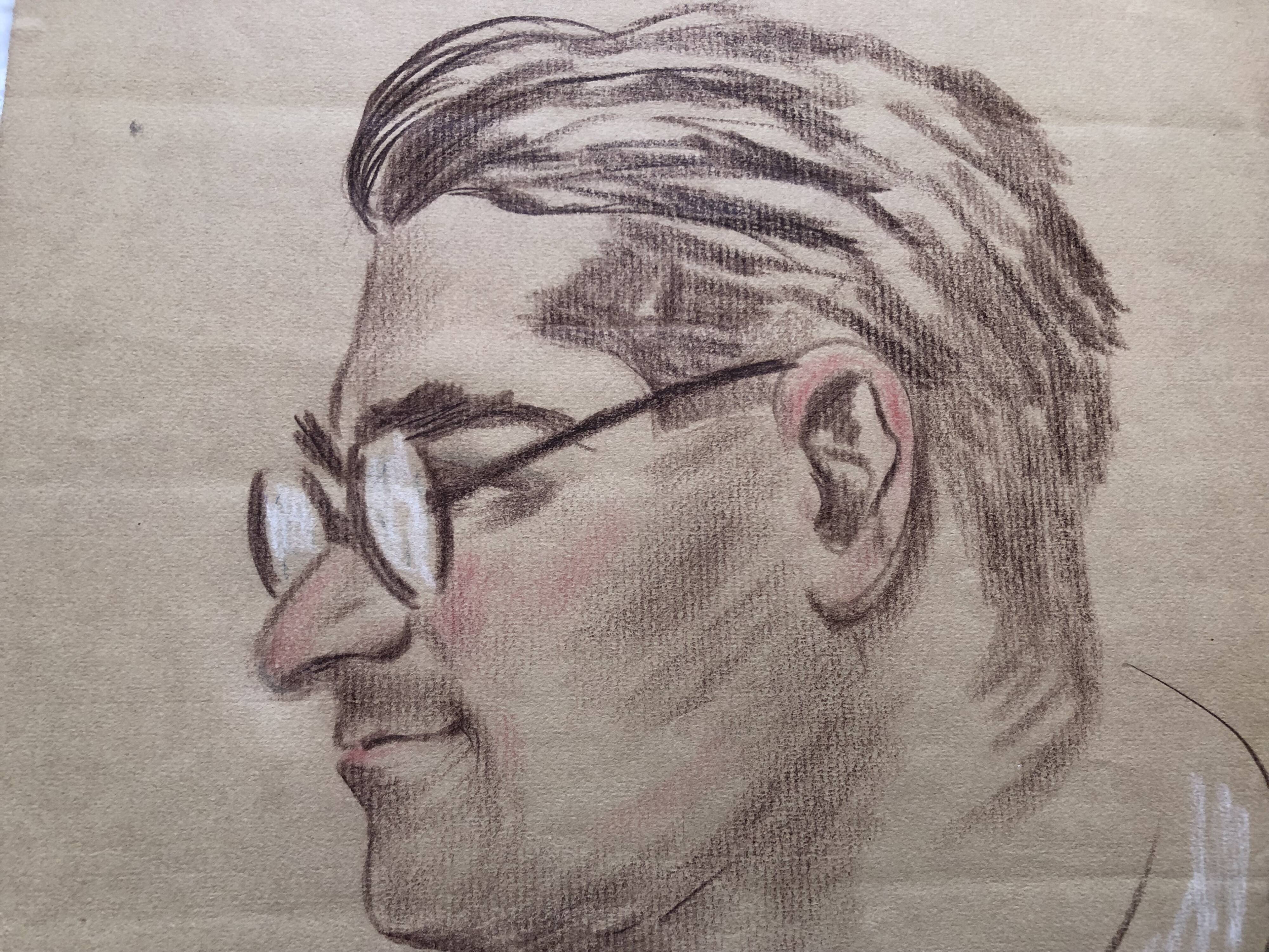 Pastel drawing 1971 man portrait with glasses, signed rose? marseille 13 bouche du rhône paper