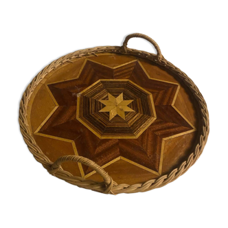 Marquetry and rattan tray