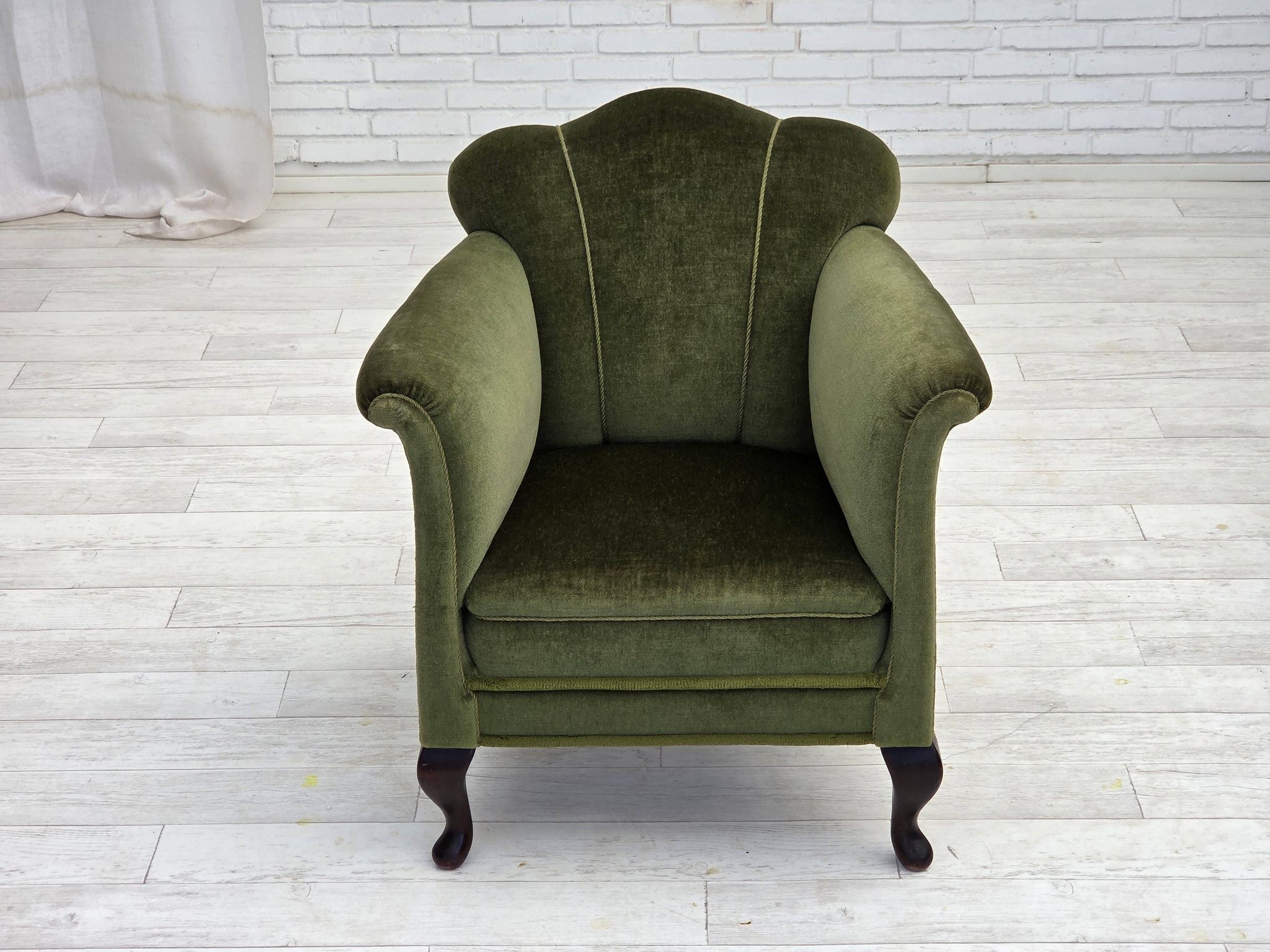 1950s, Danish armchair, green furniture velour, ash wood legs.
