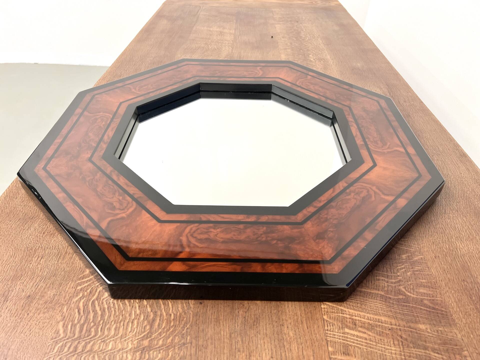 Octagonal wooden mirror by Jean-Claude Mahey