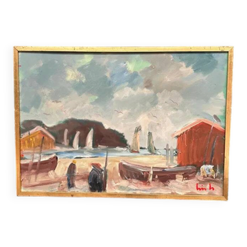 Huile sur toile originale suédoise – « Village côtier » par Eric Lo – Signé – Vintage et encadré – 68 × 49 cm (26,8" × 19,3")