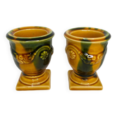 Paire de bougeoirs point à la ligne ocre et vert en céramique