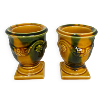 Pair of ocher and green ceramic point-a-line candlesticks
