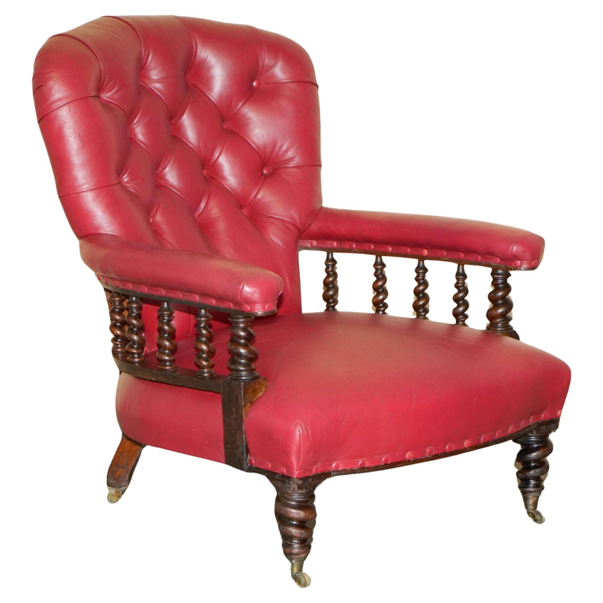 William IV antique Chesterfield armchair in leather with twisted barley structure.