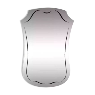 Free-form, screen-printed rearview mirror from the 1960s on a gold frame