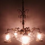 Large Gothic brass chandelier with 6 lights, 1940s.