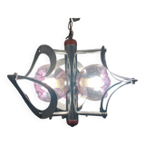 Lustre Mazzega 3 Feux Globes Murano Mauves Space Âge 70’s Chrome