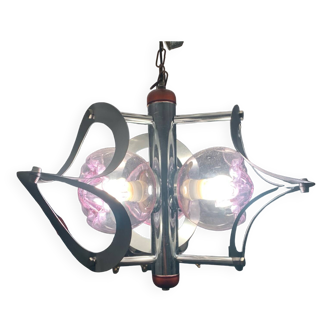 Mazzega Chandelier 3 Lights Globes Murano Mauves Space Age 70's Chrome