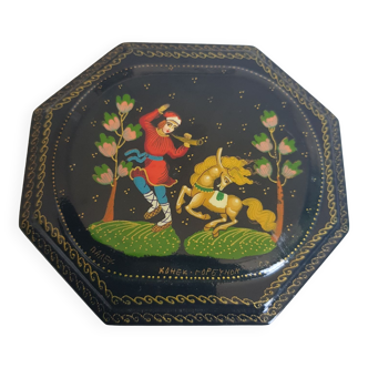 Russian lacquered box Palekh "The little hunchbacked horse" hexagonal