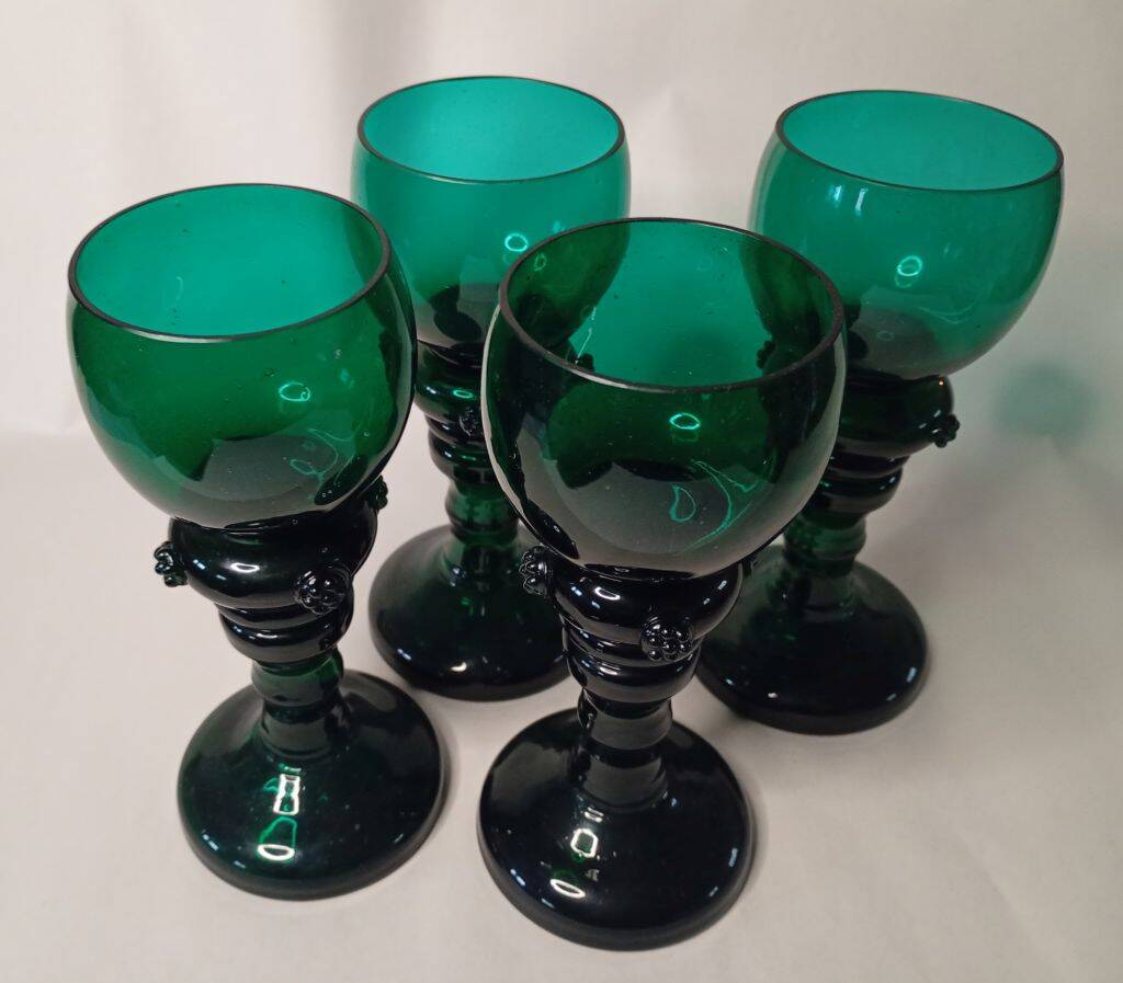 Antique Green Glass Tall Roemer Set of 4