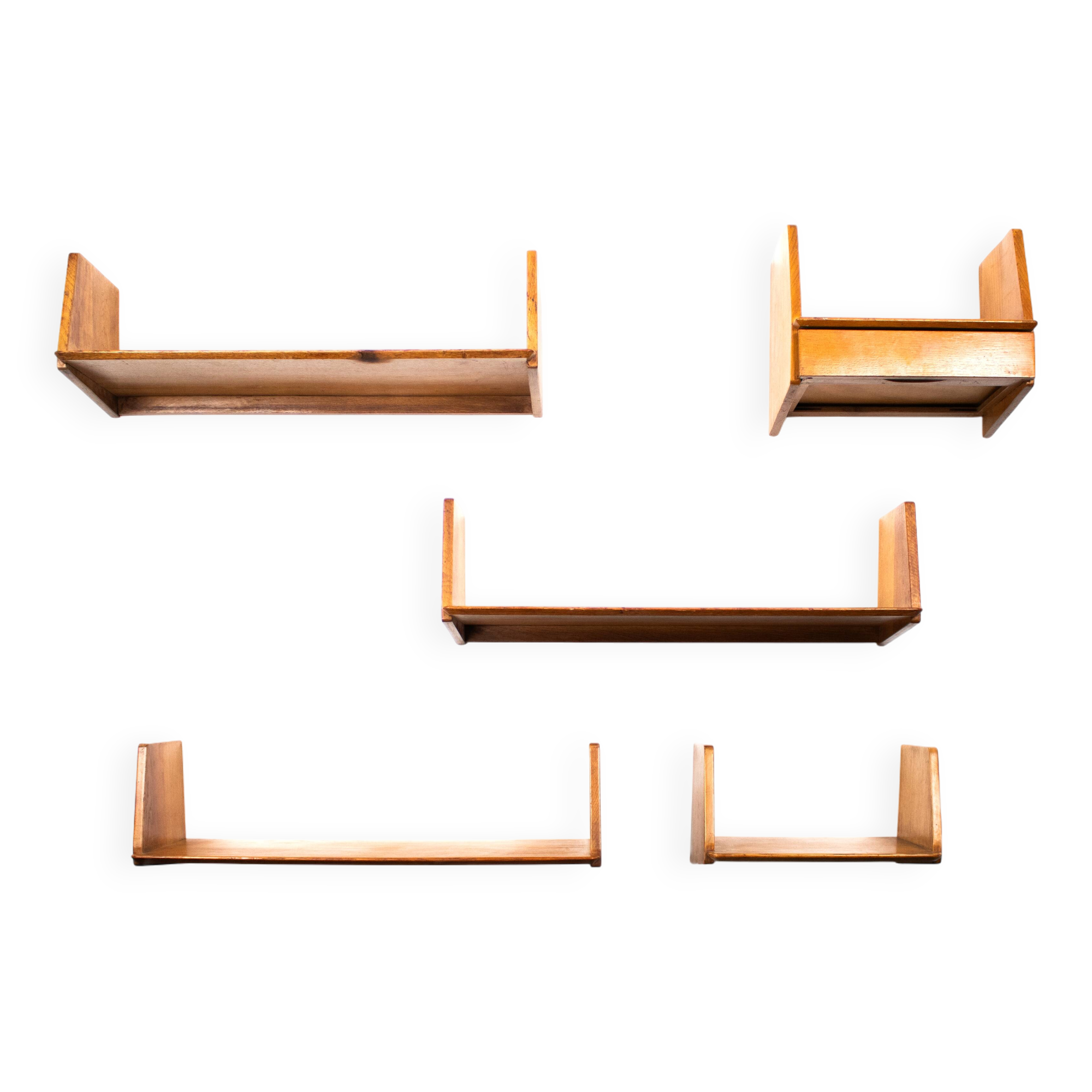 Set of 5 oak wall shelves Marcel Gascoin 50s reconstruction