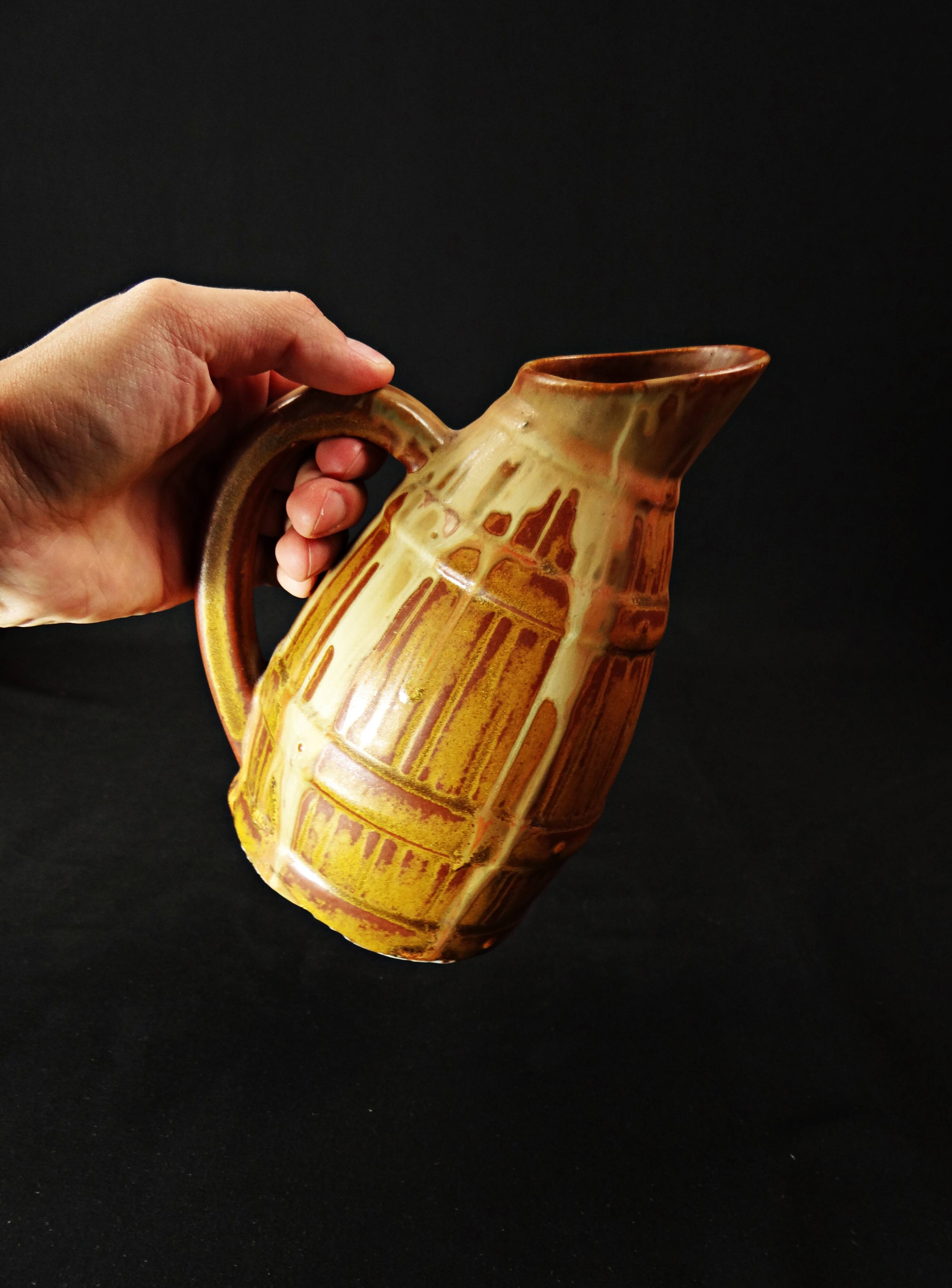 Antique pitcher jug signed Denbac n°437 in flamed stoneware, Art Deco period