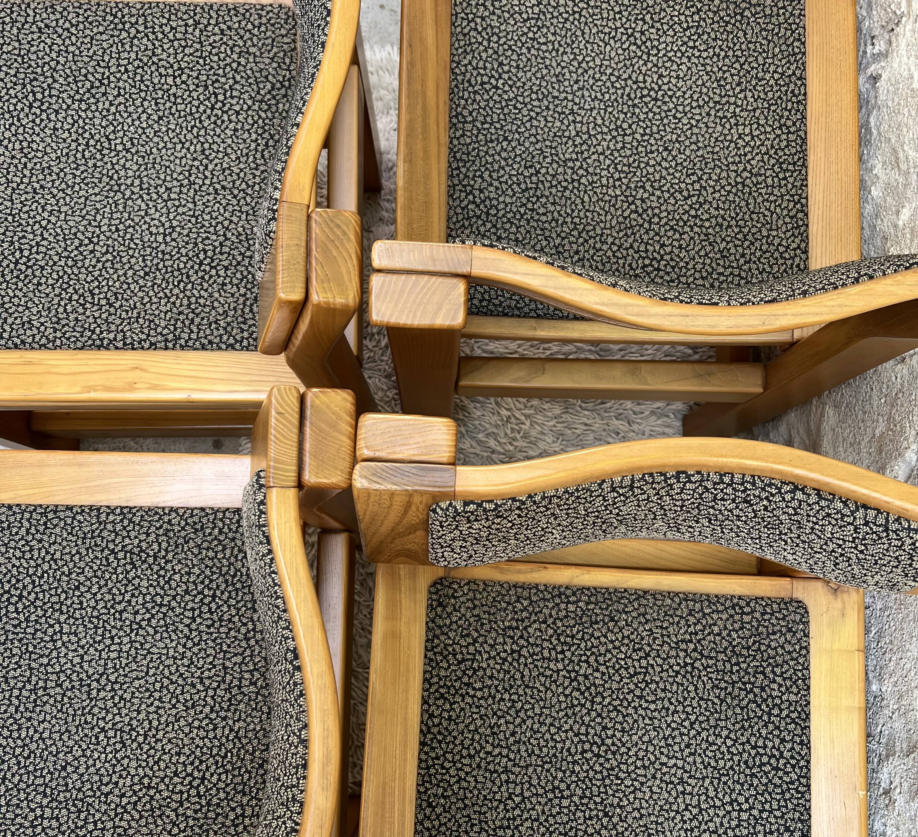 Set of 4 brutalist vintage chairs in solid wood and fabric