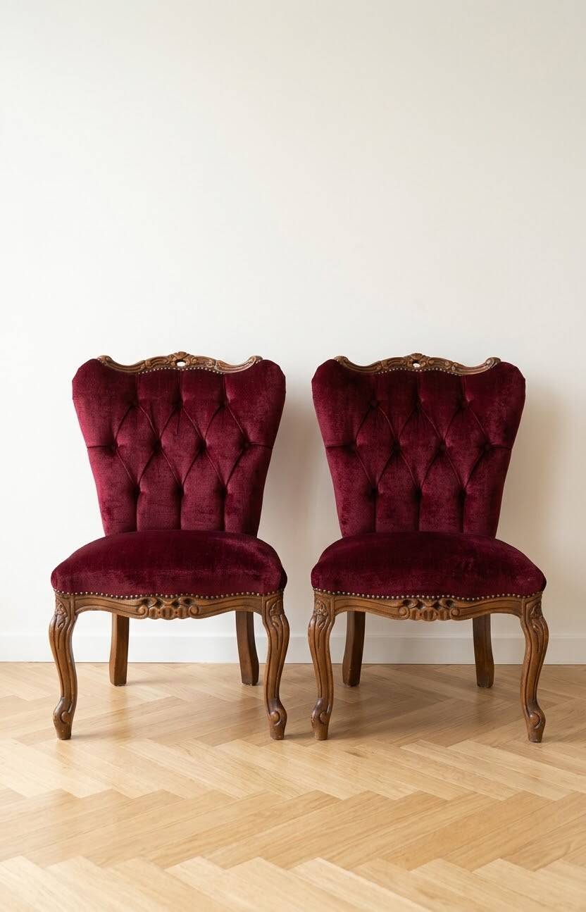 Pair of Baroque style armchairs in red velvet