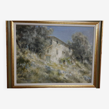 Huile sur toile, "Vieux mas près de grasse" par artiste peintre Gabriel Deschamps (1919-2011)