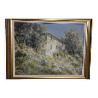 Oil on canvas, "Old mas near grasse" by painter Gabriel Deschamps (1919-2011)