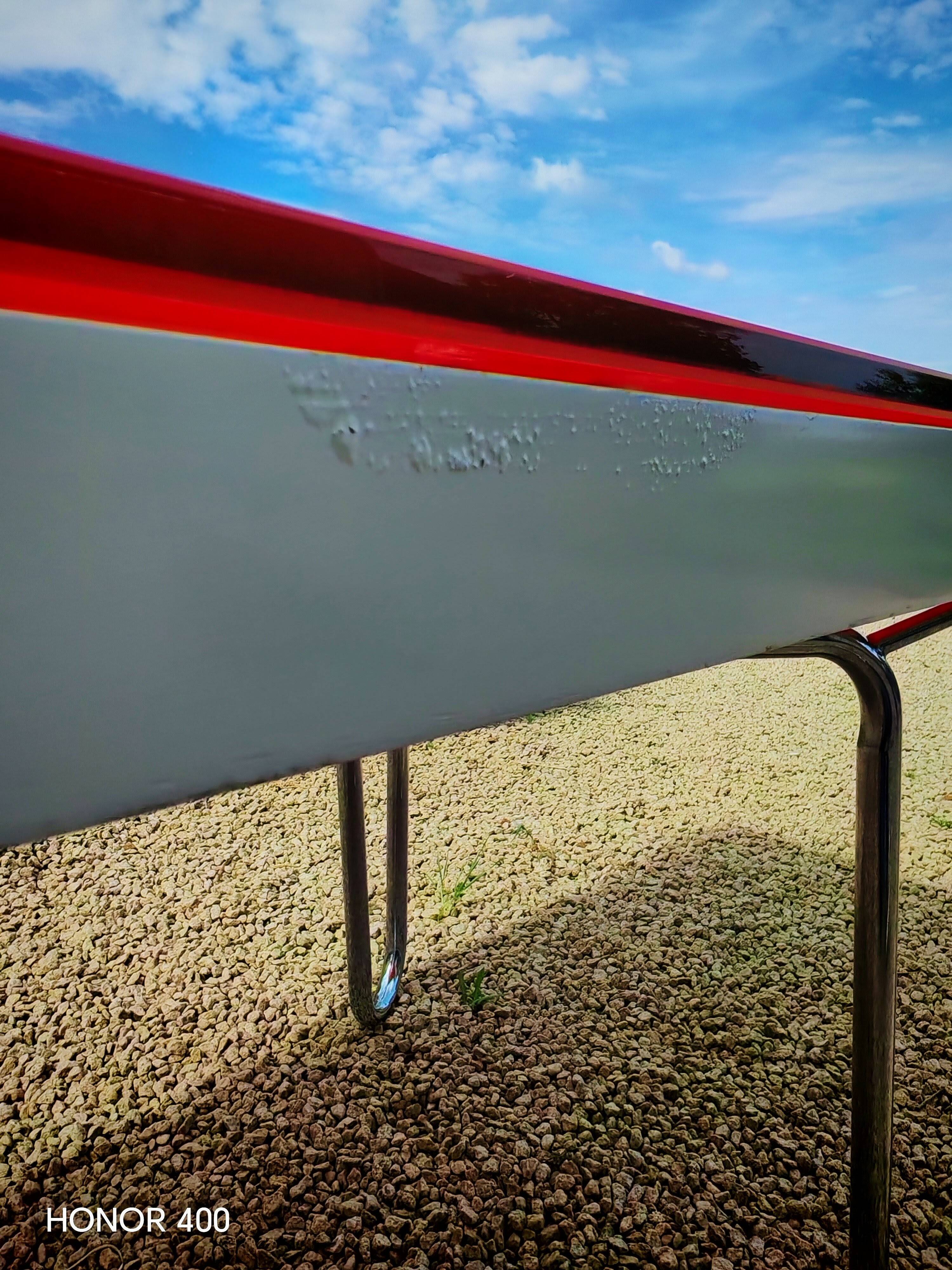 Table "floating" Space age 1970 Red Glass and Dove Tail - 140x80cm