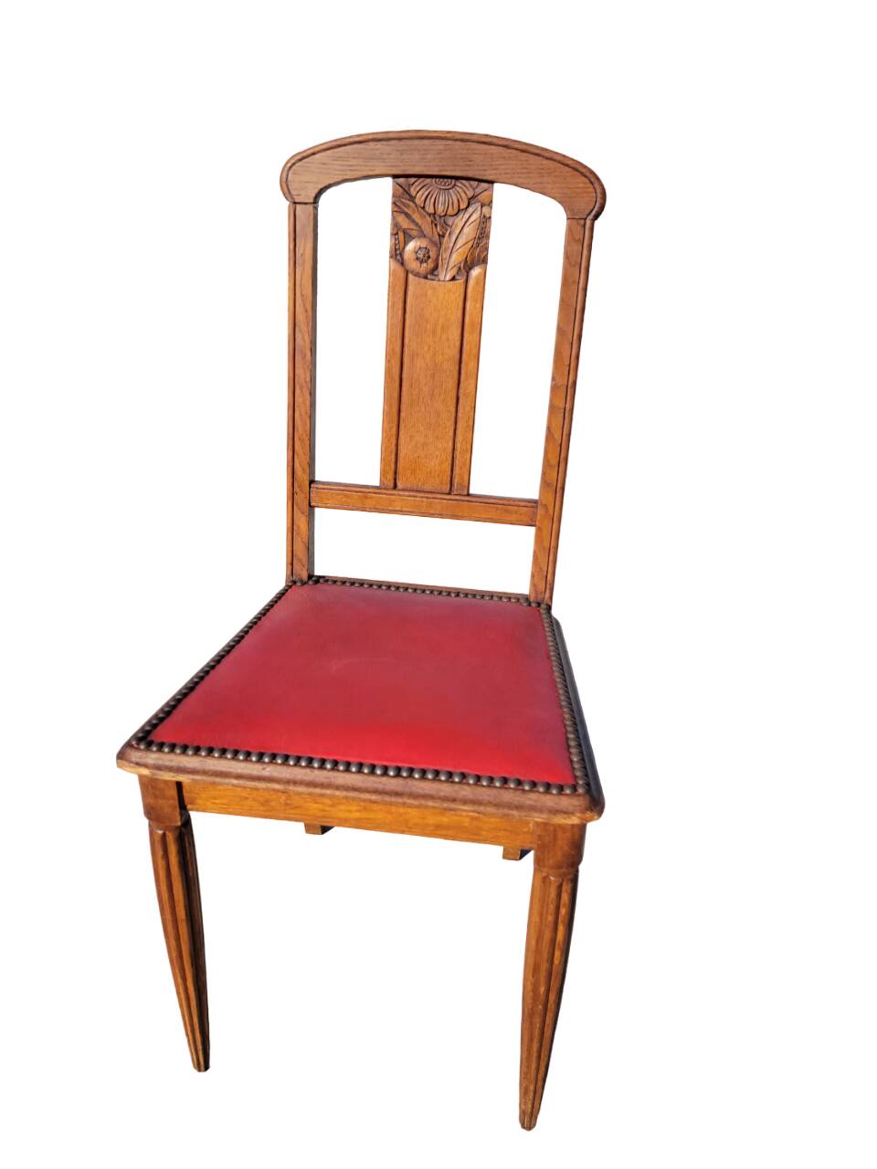 Set of 4 Art Deco Chairs in wood and red imitation leather