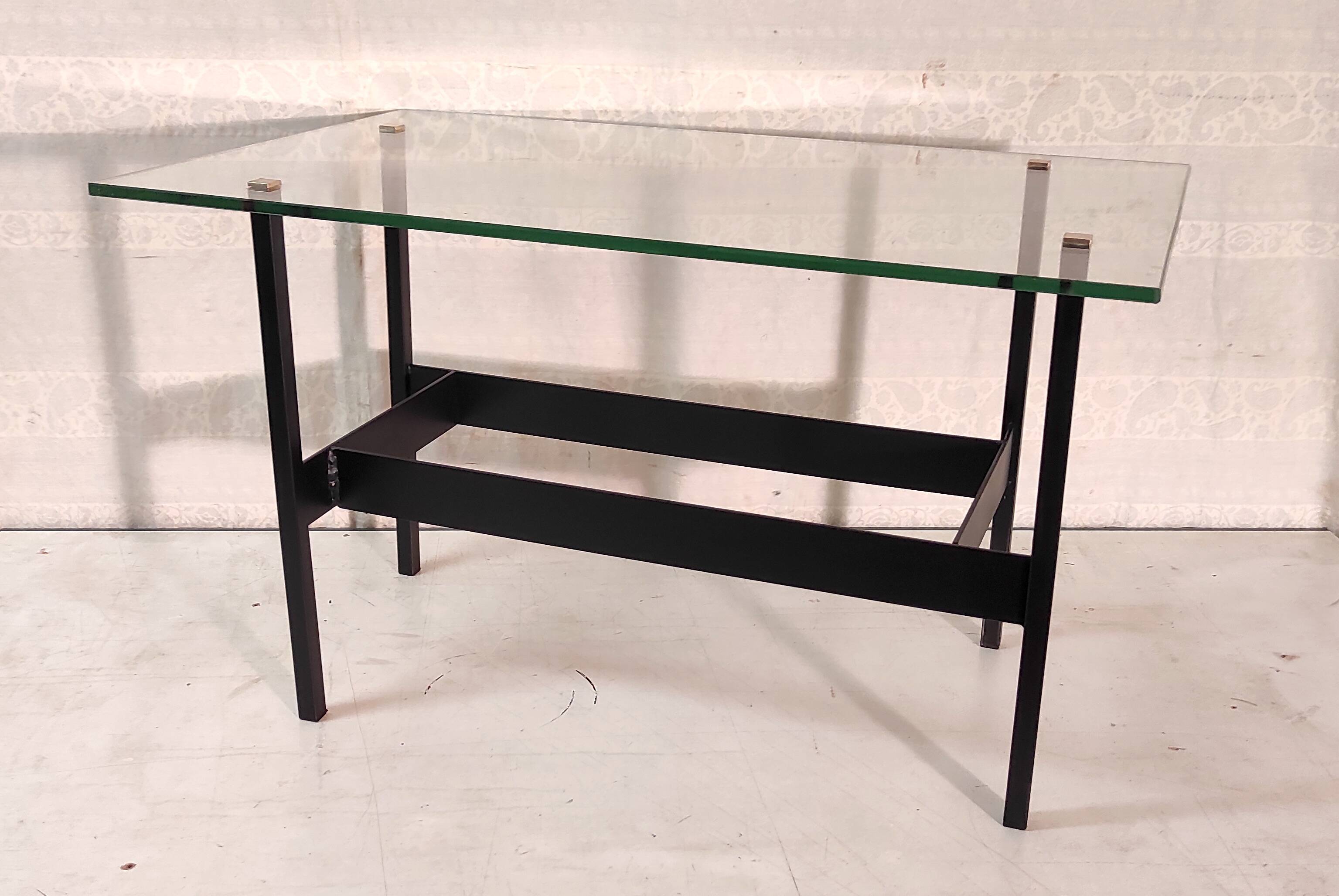 Modernist coffee table in metal, glass and brass - 1950s