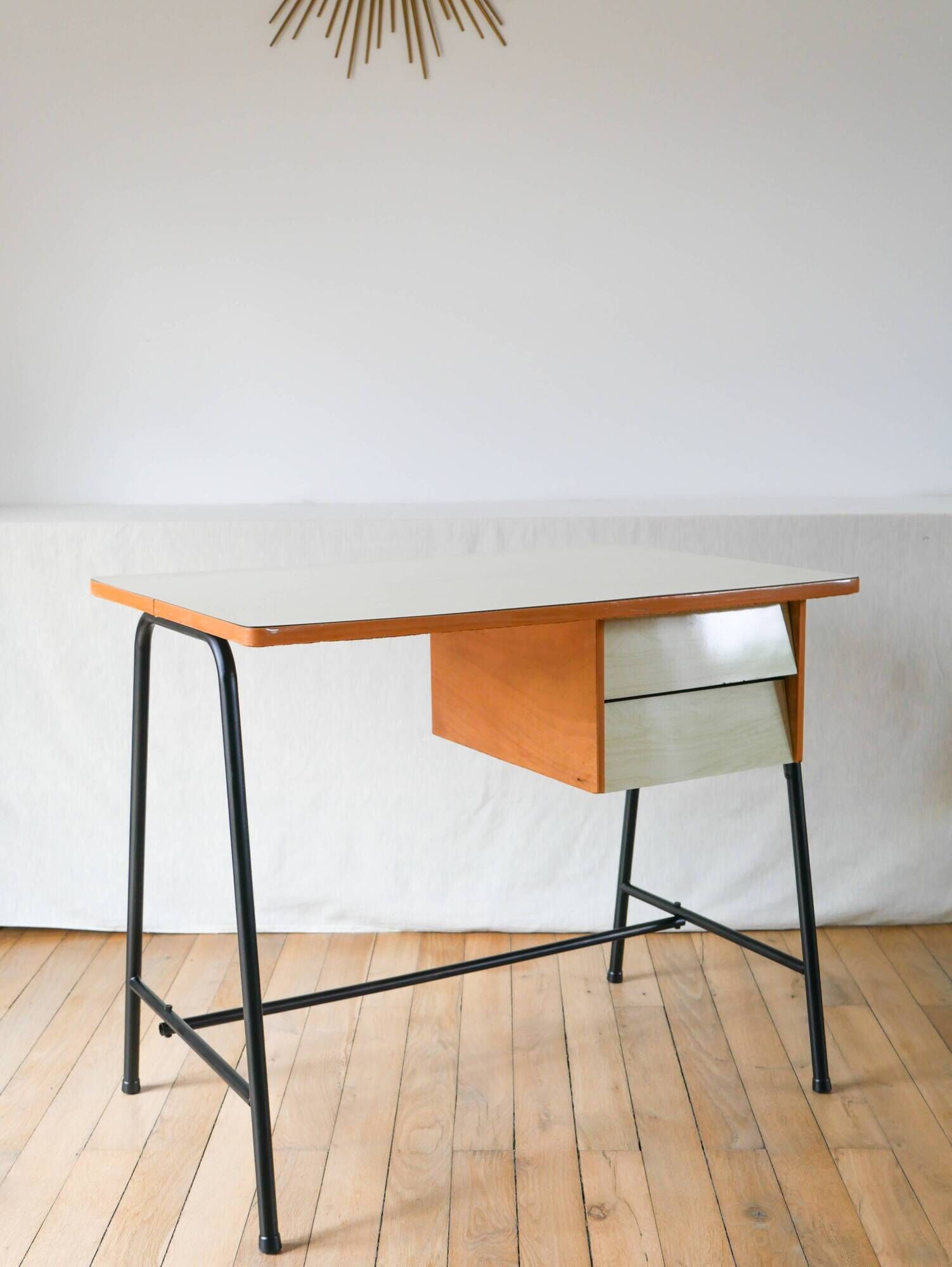 Formica, beech and black metal desk, Modernist Design, 1960