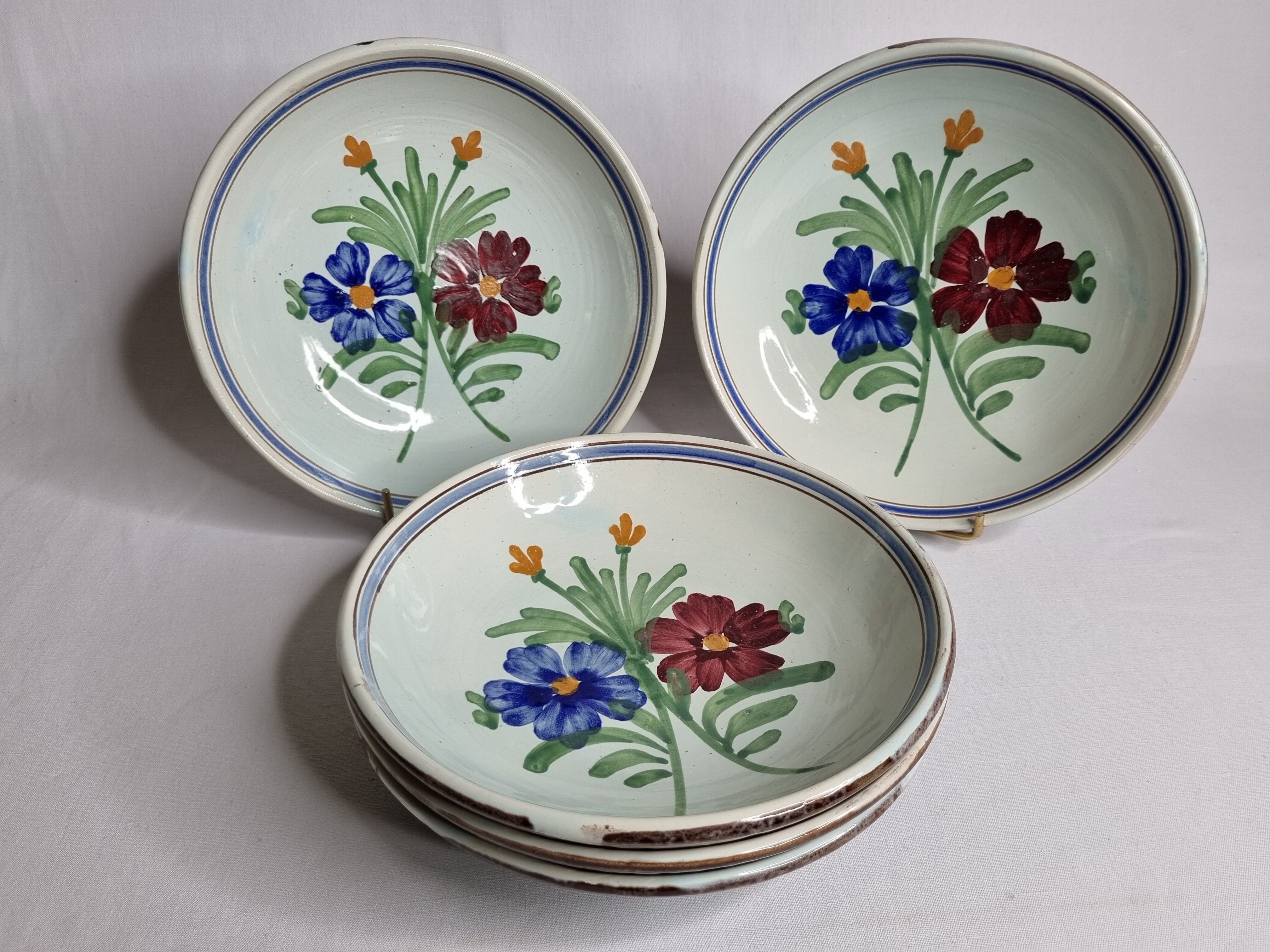 Set of five old hollow plates in glazed ceramic, nineteenth century, 23 cm