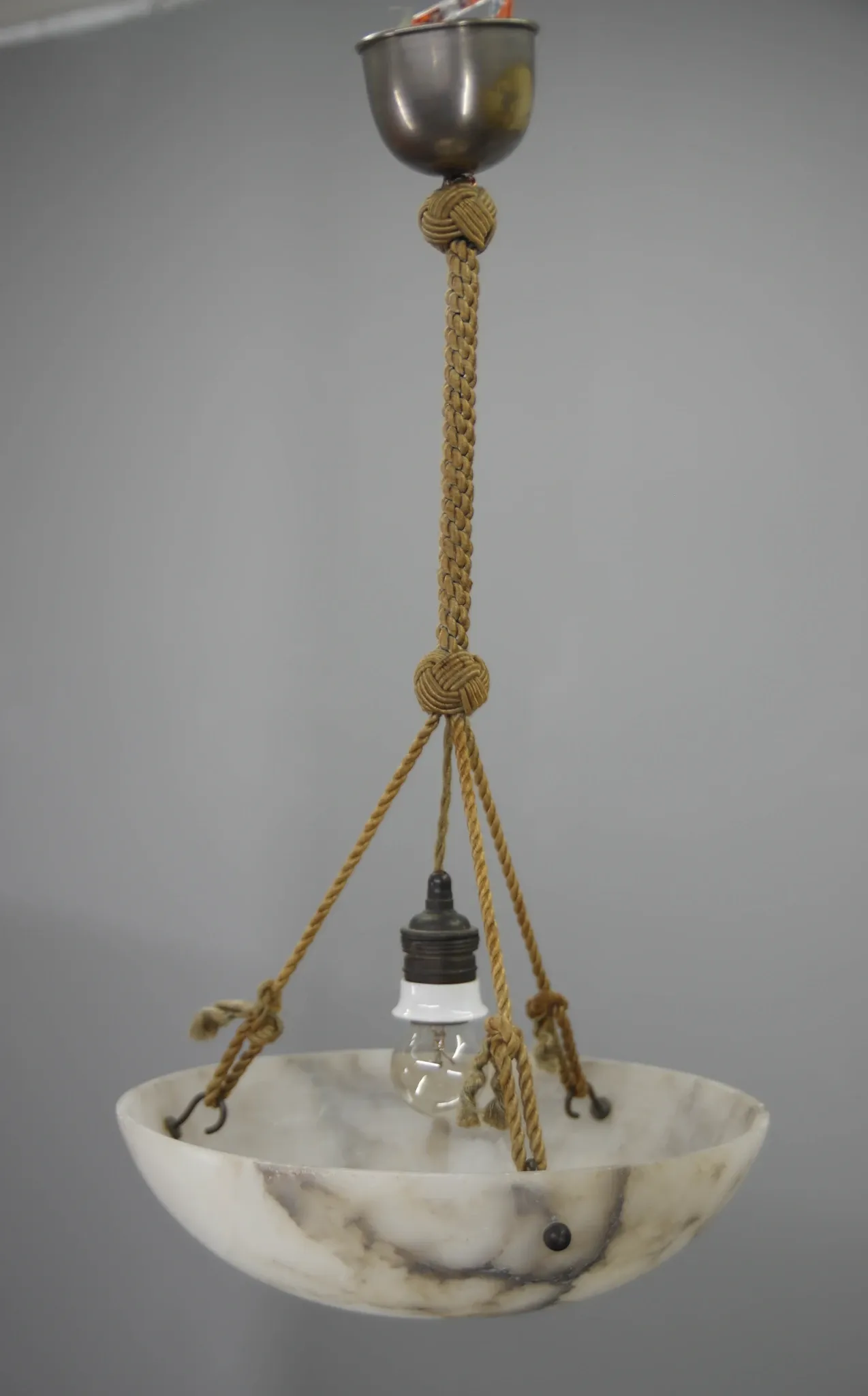 Art Deco Alabaster Pendant Light, Hand-Carved, 1920s