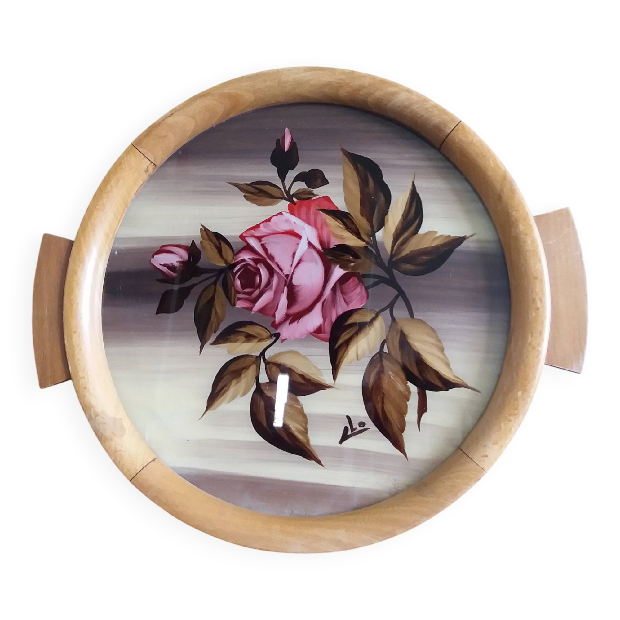 Round Art Deco plate, painted decoration signed, roses