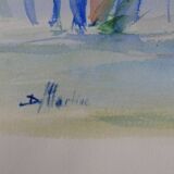 Ecole française xxème siècle d martine : voiliers sur la mer aquarelle