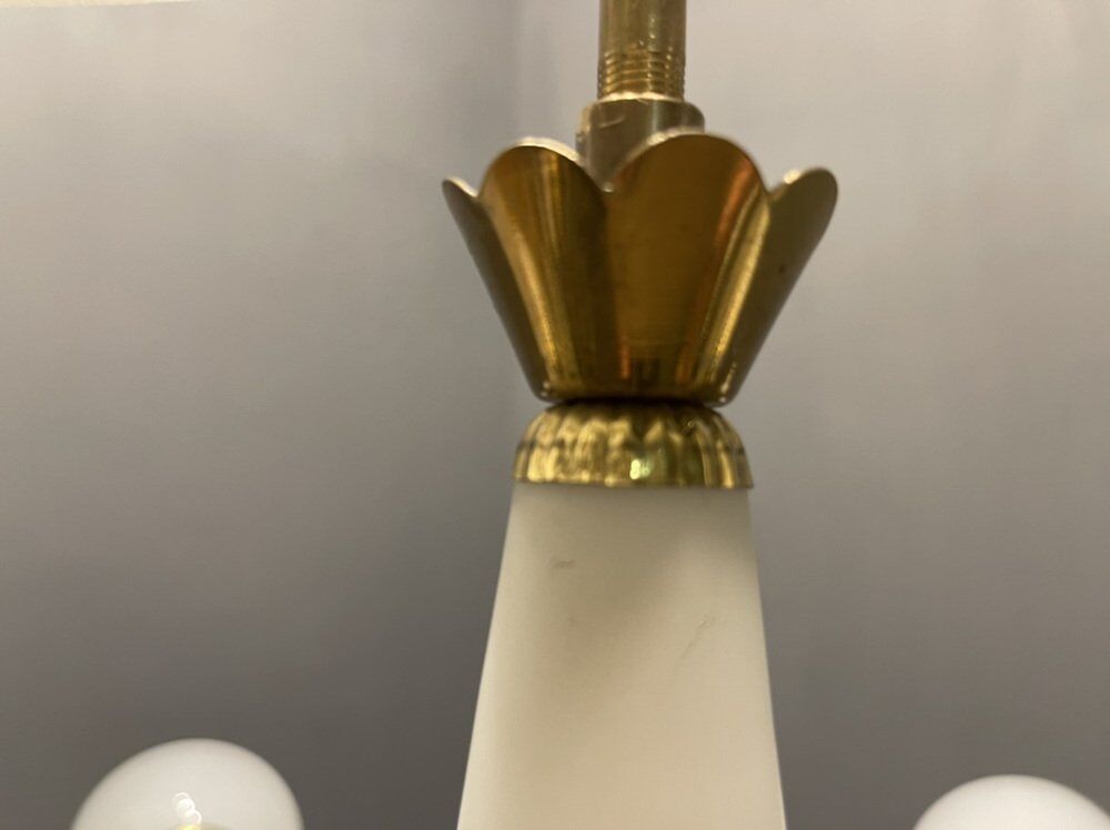Opaline glass & brass sputnik chandelier with 12 lights, 1970s