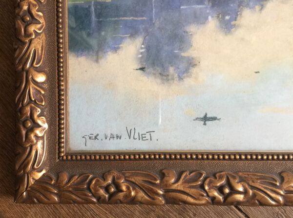 eau calme en hollande'' : grand pastel signé ''ger van vliet