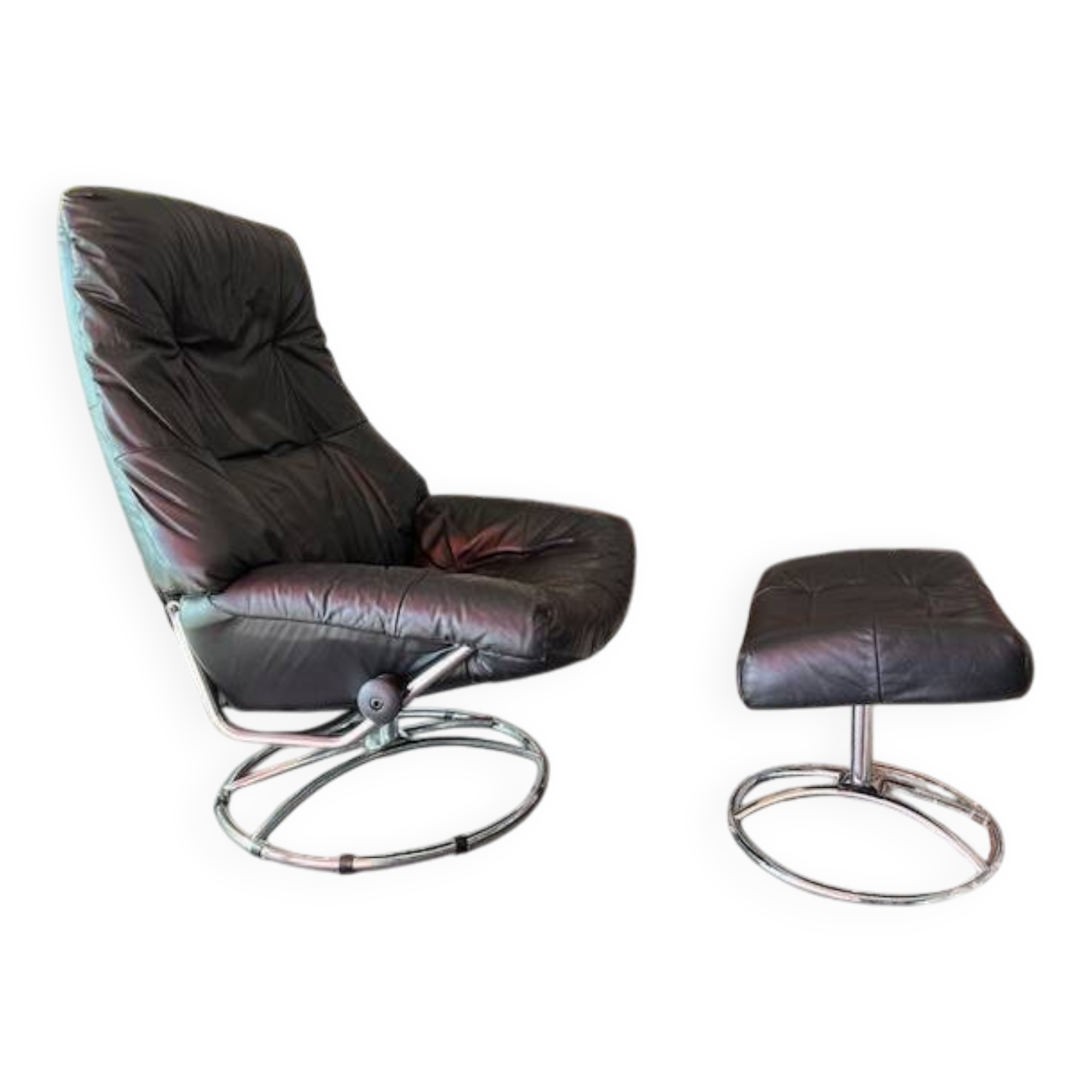 swivel armchair and Mid-Century stool in black leather, Denmark, set of 2