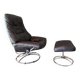 swivel armchair and Mid-Century stool in black leather, Denmark, set of 2