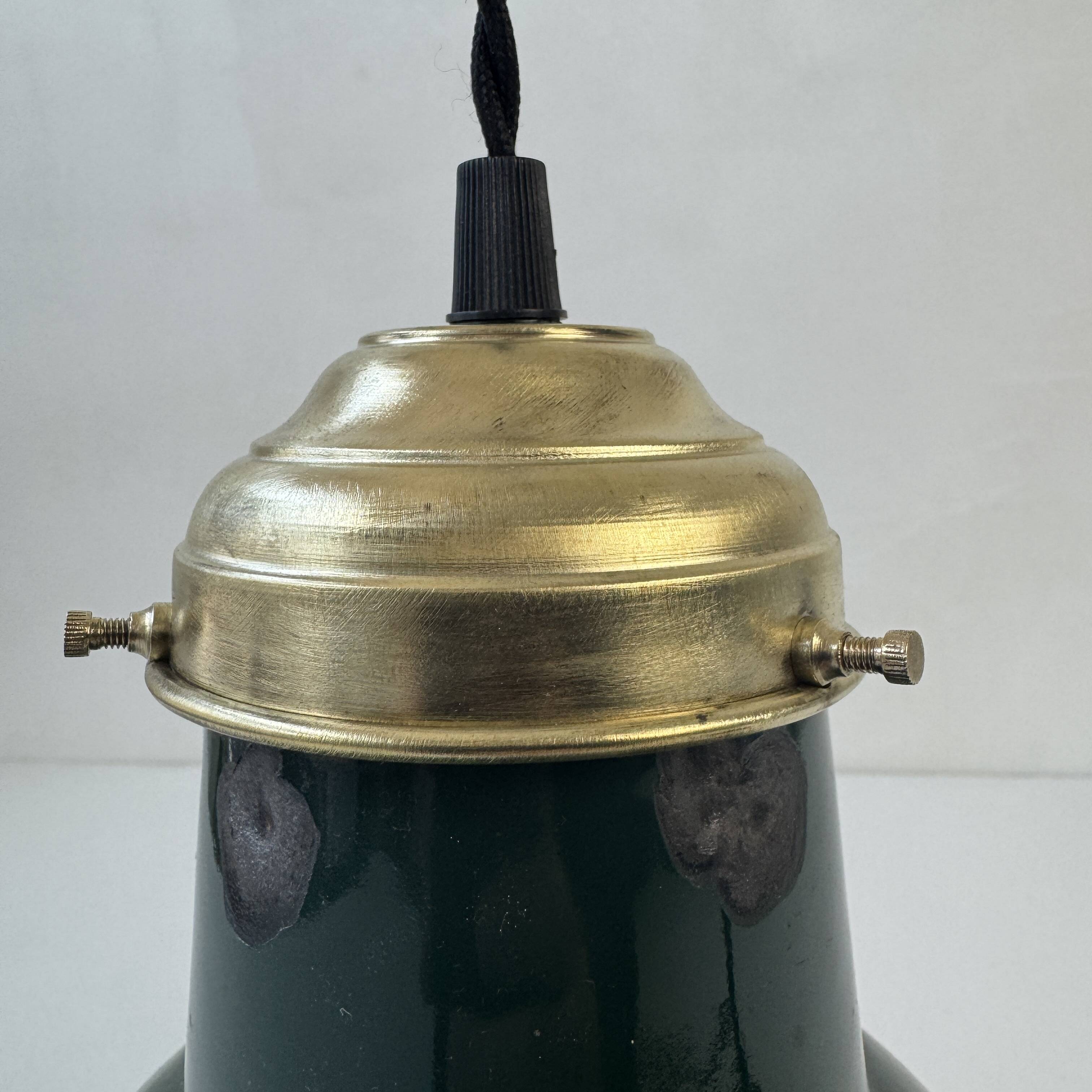 Old industrial pendant light, green enamel, 34 cm