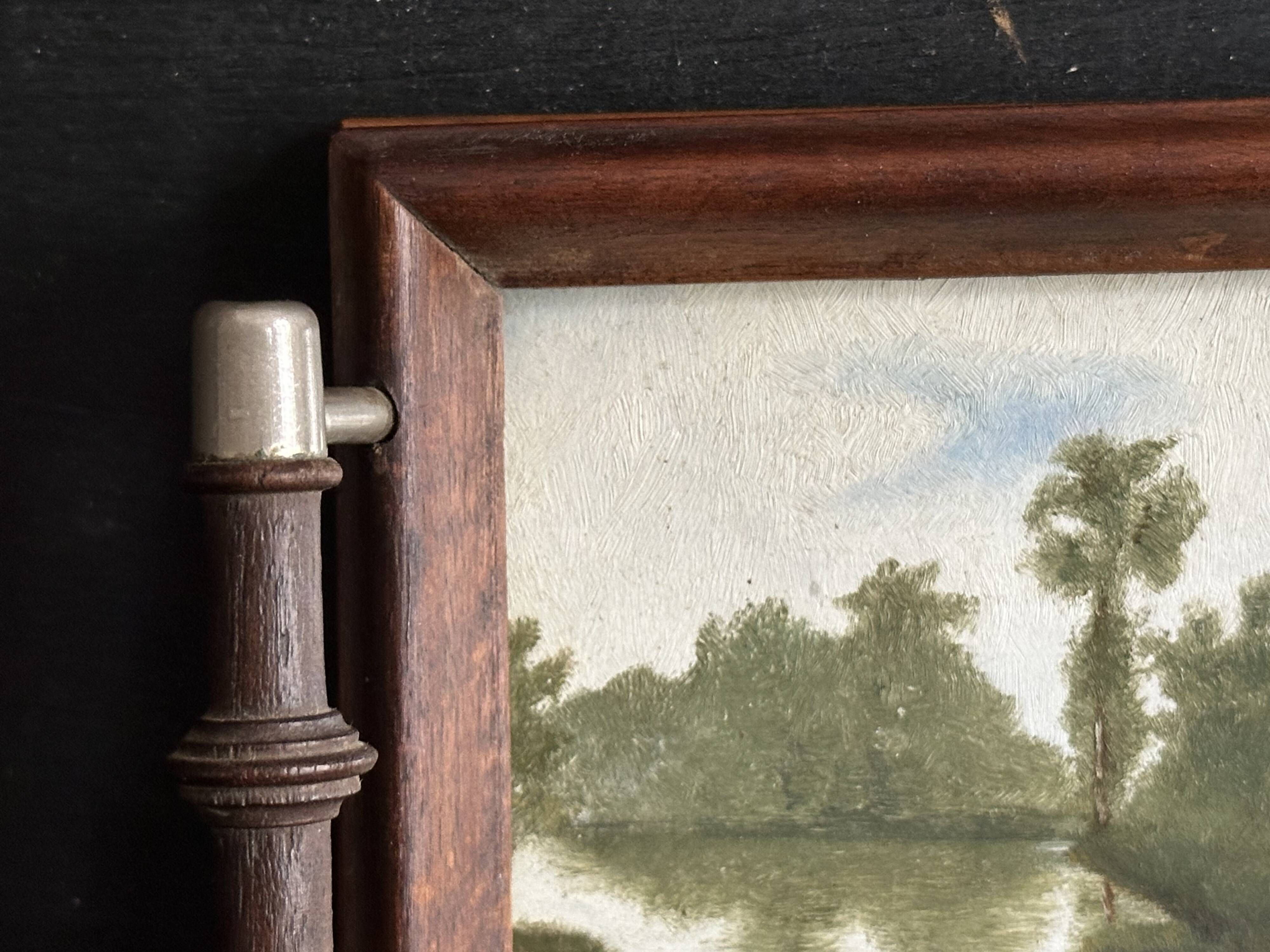 Antique miniature plateau, oil painting, turned wood and brass.