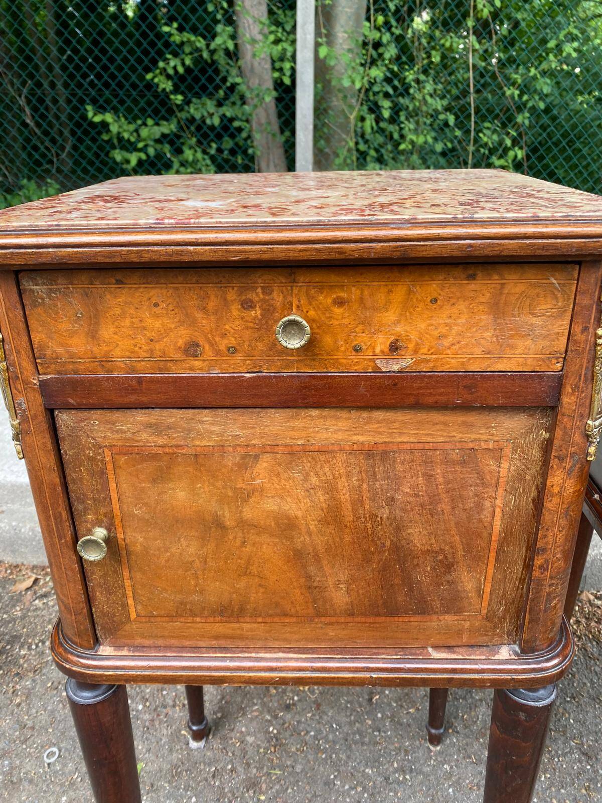 Pair of Louis XV bedside tables, 19th century, marquetry and pink marble