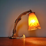 Lampe de bureau art déco en bronze et verre marmoréen, frères Muller, 1920