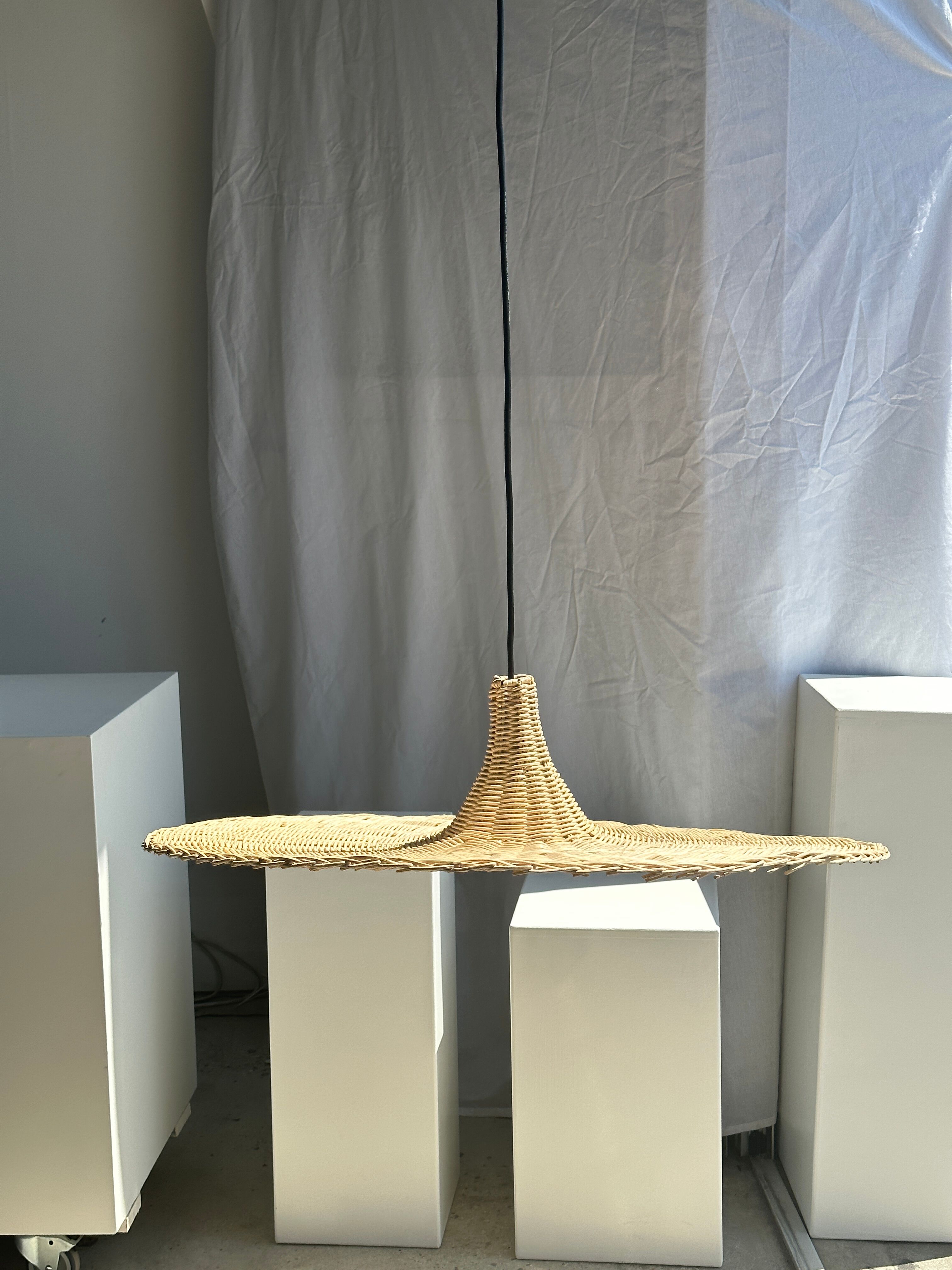 Large suspension, rattan luminaire in hat shape D:80cm