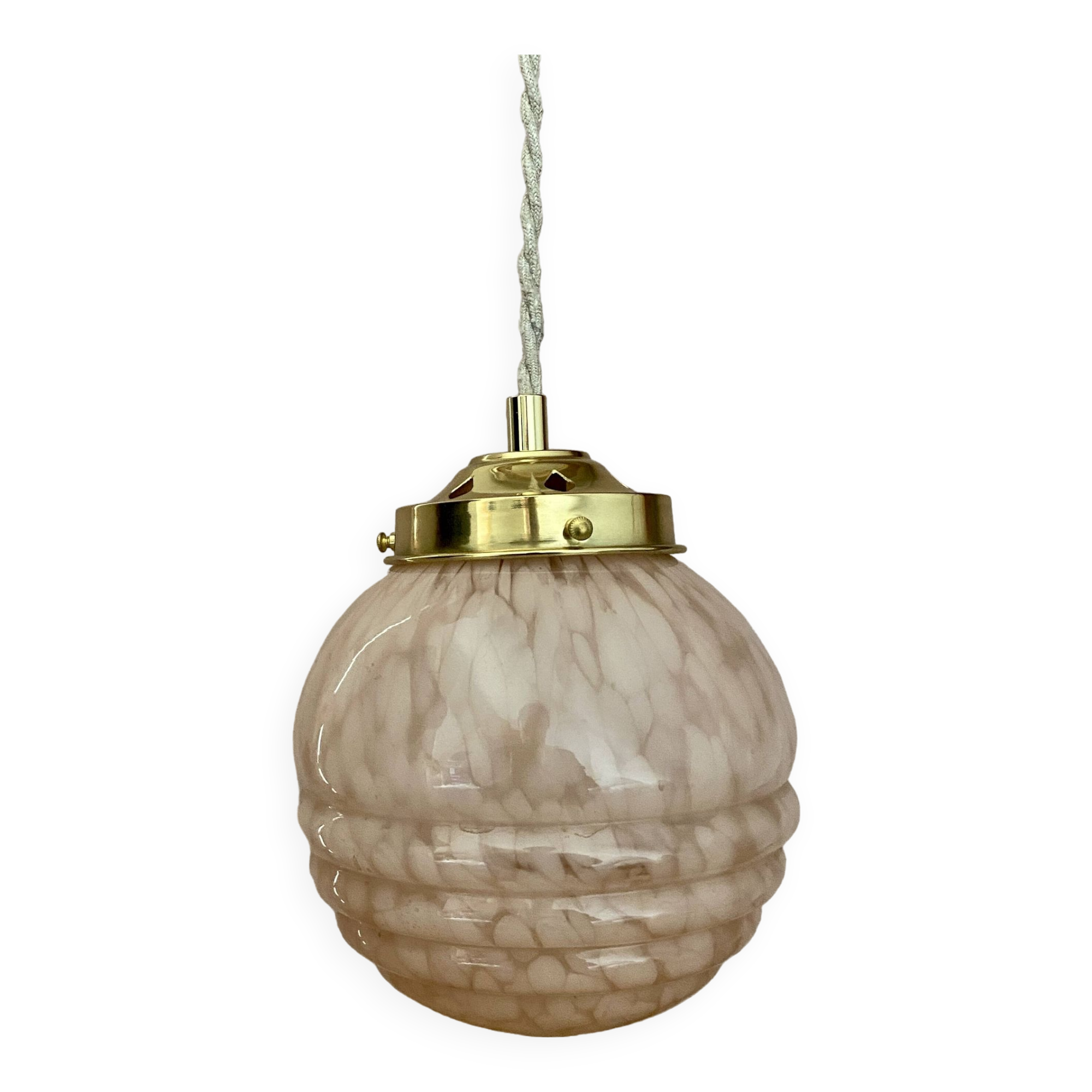 Vintage art deco globe pendant light in pink and gold Clichy glass